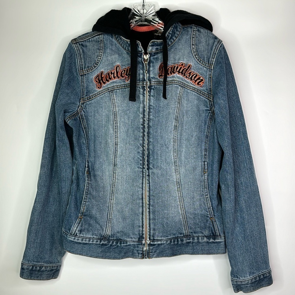 Harley Davidson Denim Jean Jacket With Convertible Hooded Vest Size Medium